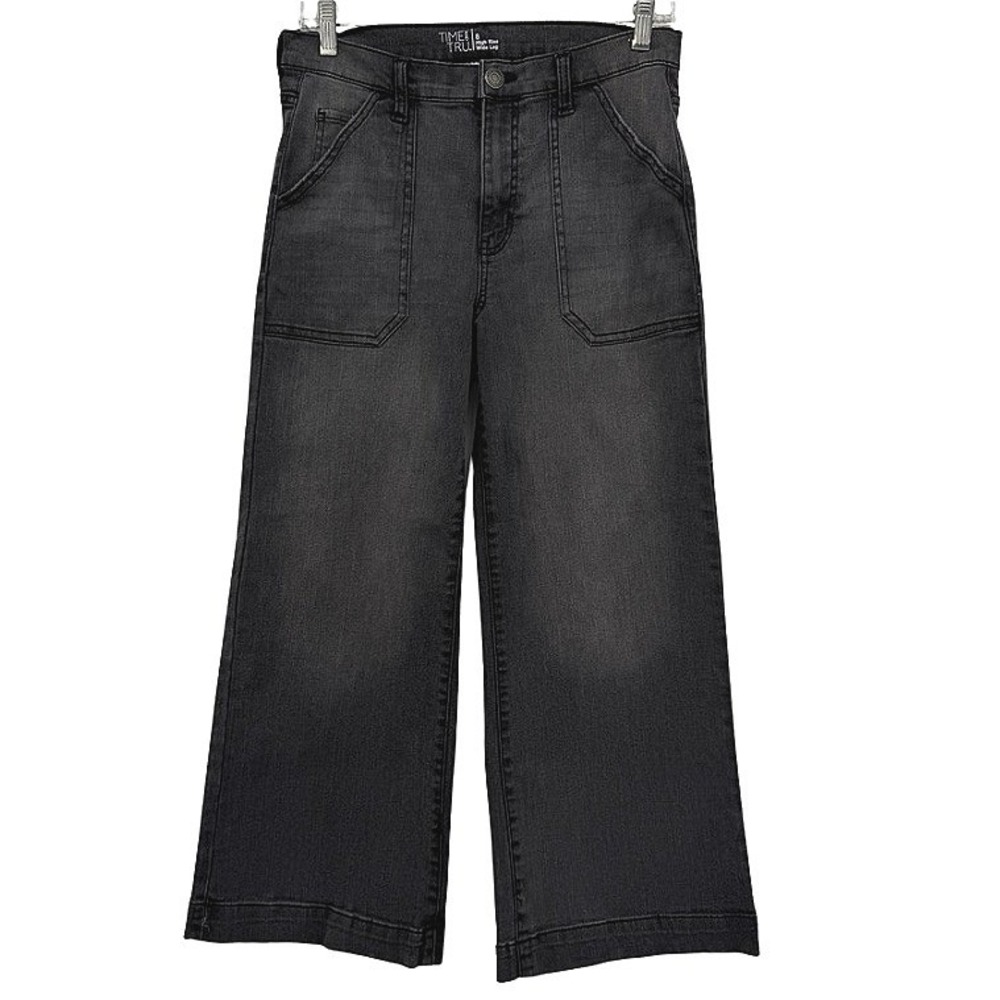 Time and Tru Jeans High Rise Wide Leg Ankle Jean Faded Black Denim Boho Size 8